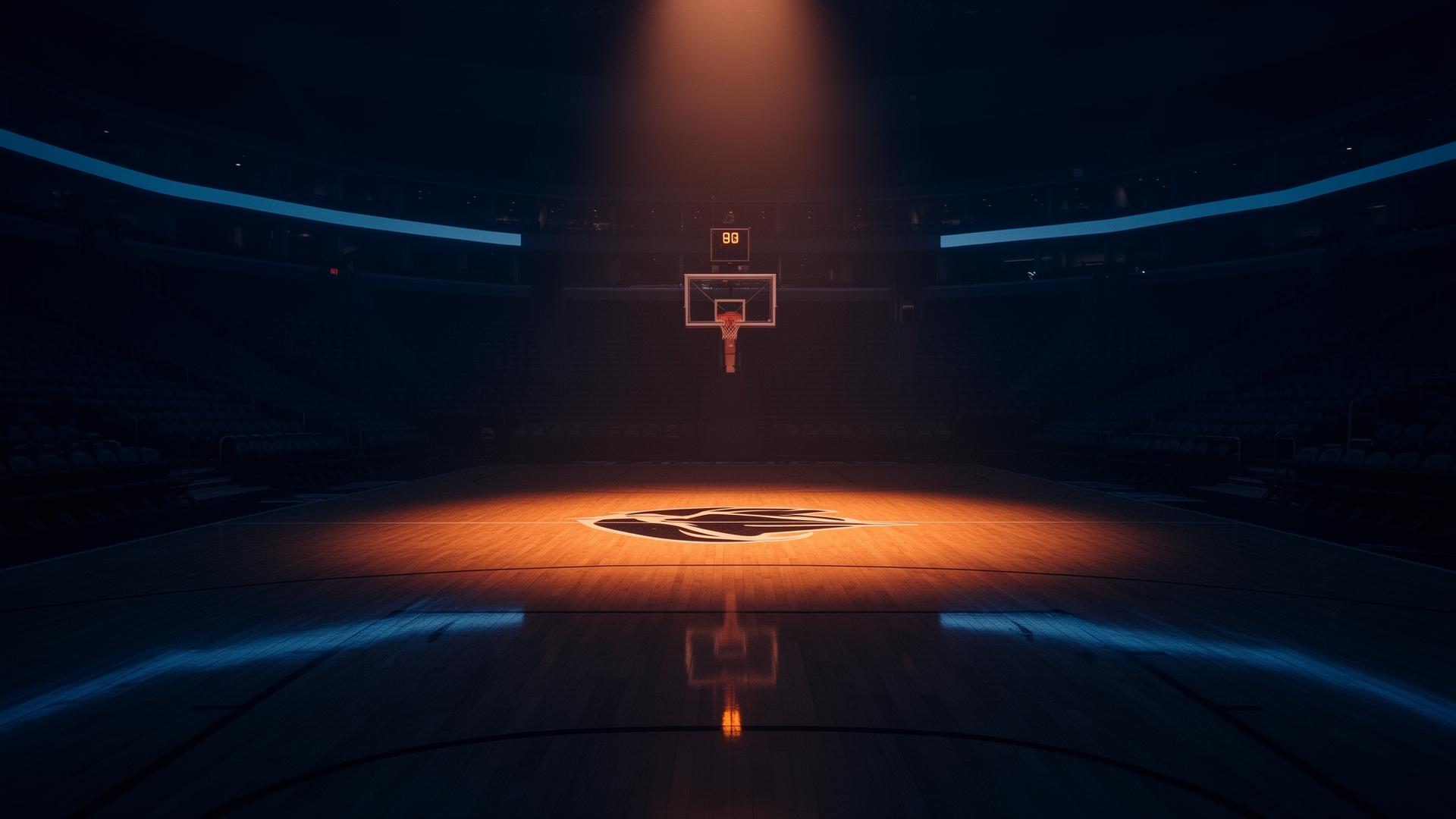 Empty basketball arena illuminated by a single warm spotlight